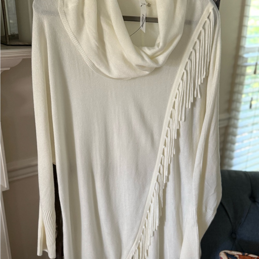 NY Collection Cream Cowl Neck Sweater with Fringe